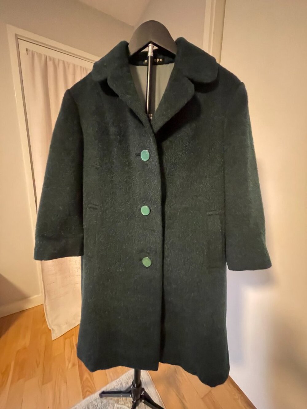 Vintage Japanese Emerald Green Mohair Wool Coat – Fuzzy Textured Mid-Length Coat